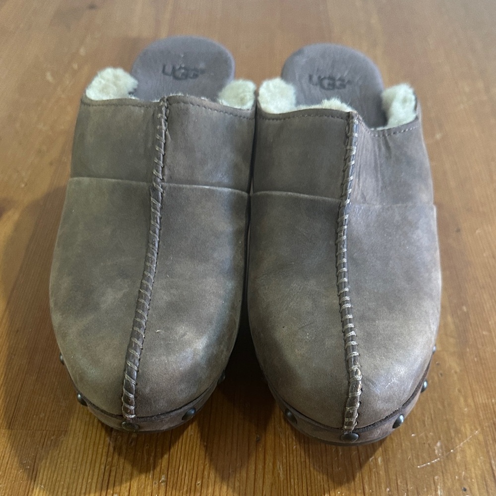 UGG Taupe Suede Shearling-Lined Clog Mules - Picture 7 of 15